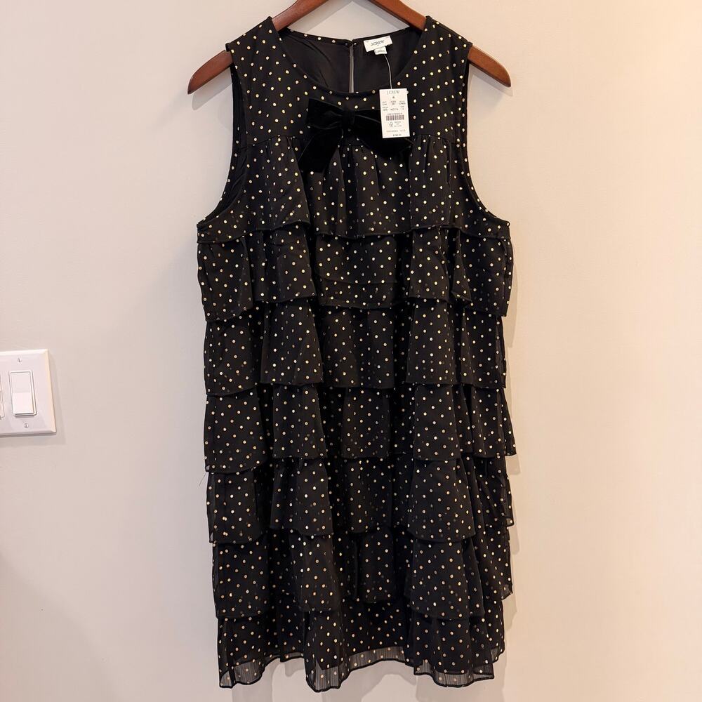 J.Crew Factory Polka Dot Tiered Chiffon Dress LBD Velvet Bow Date Trip CP905 NWT - Picture 2 of 16